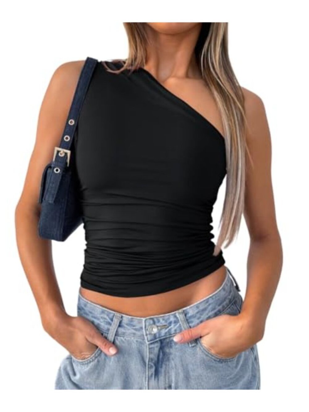 LACOZY One Shoulder Ruched Crop Tank Top Sleeveless Asymmetrical Y2K